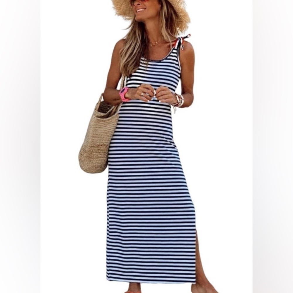 Nwt Women’s Striped Print Sleeveless Maxi Dress With Slit - Picture 1 of 11